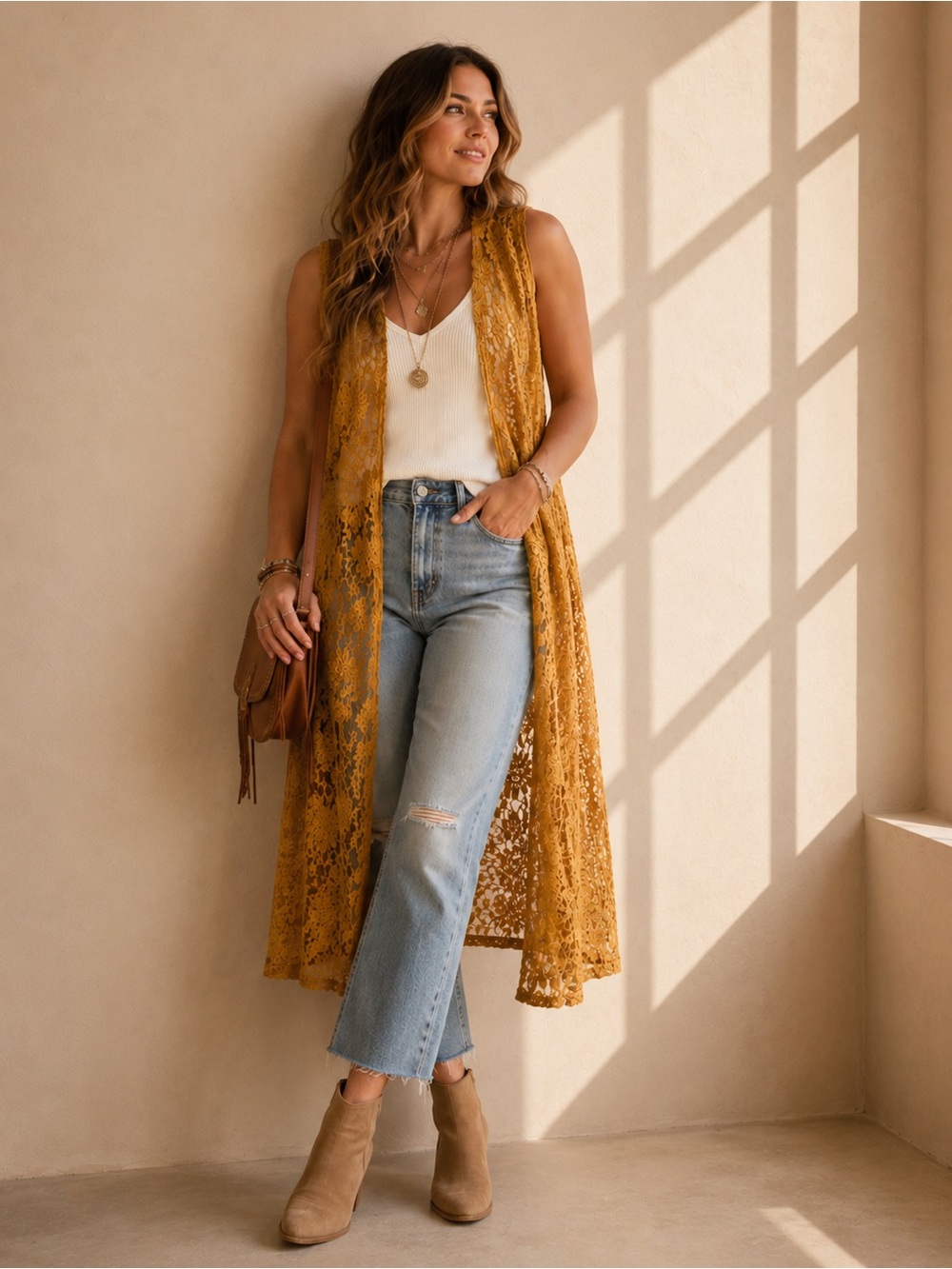 LuLaRoe Mustard Yellow Lace Duster Cardigan Sleeveless Open Front Size Large